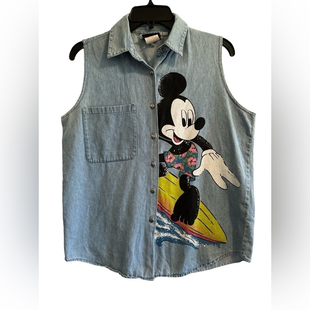 Vintage Jerry Leigh 90's Mickey Mouse Denim Button Blouse Sleeveless Top Medium - Picture 5 of 16